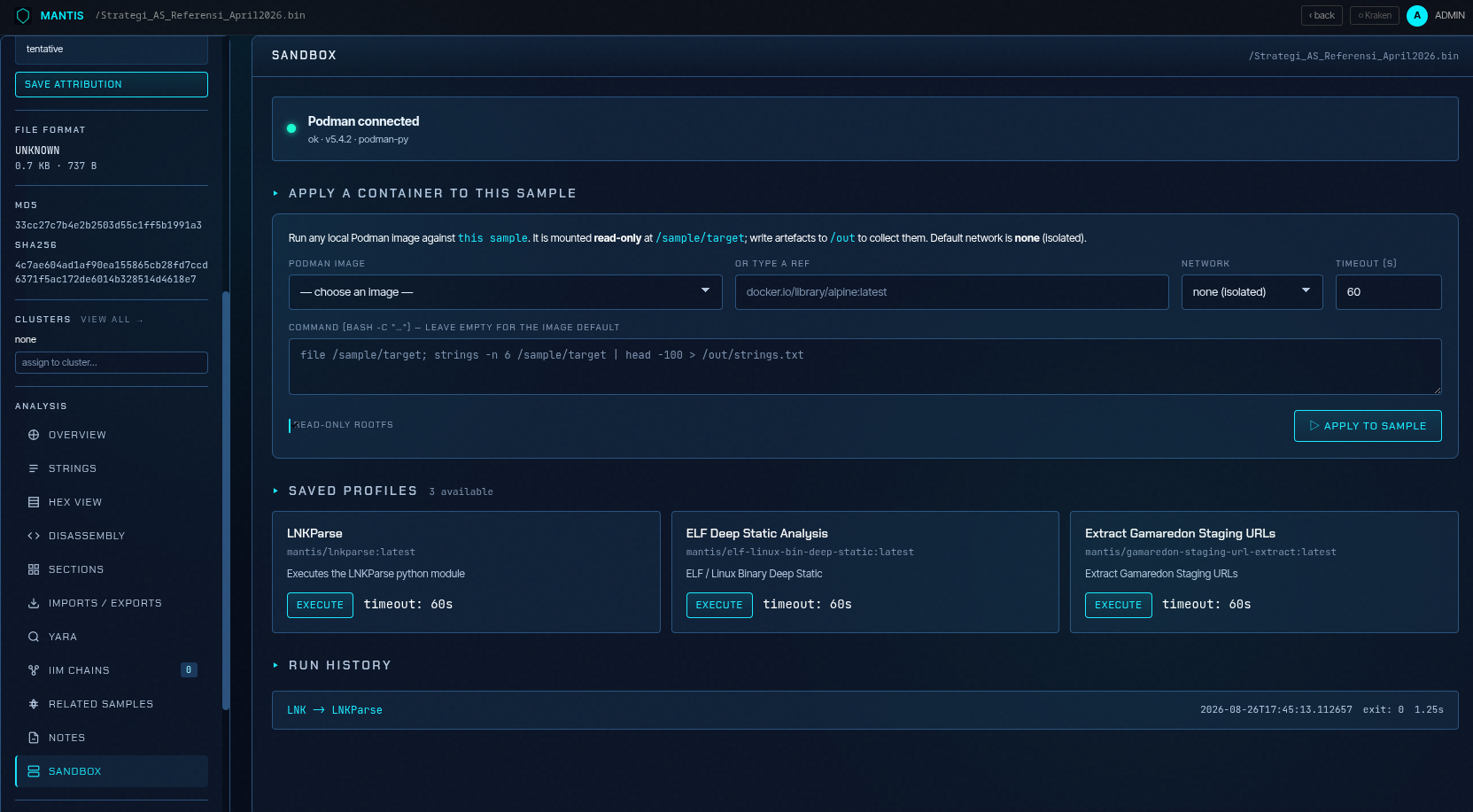 Mantis sandbox view: Podman connected, apply a container to this sample, saved profiles and run history